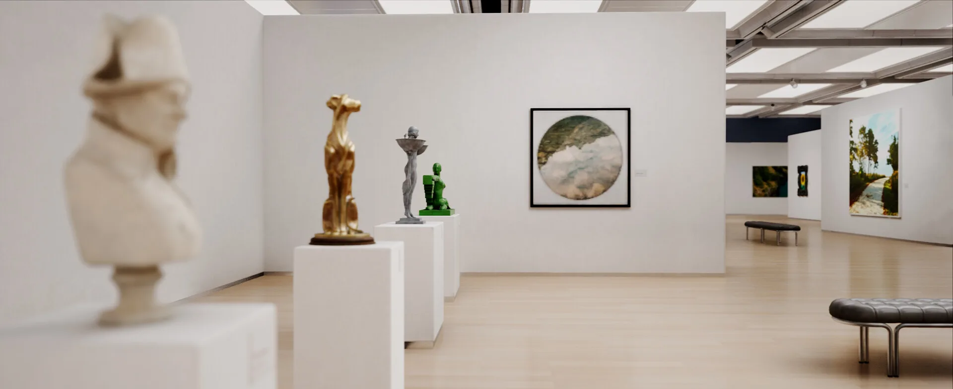Sala de museu virtual com esculturas em pedestais e uma ametista em destaque.