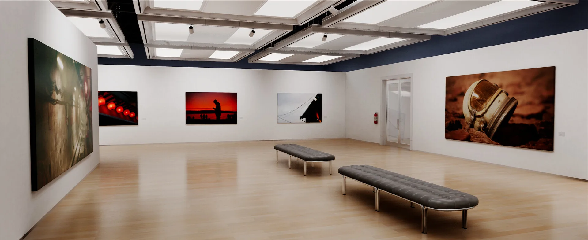 Sala de museu virtual com cerâmicas em vitrines de vidro.