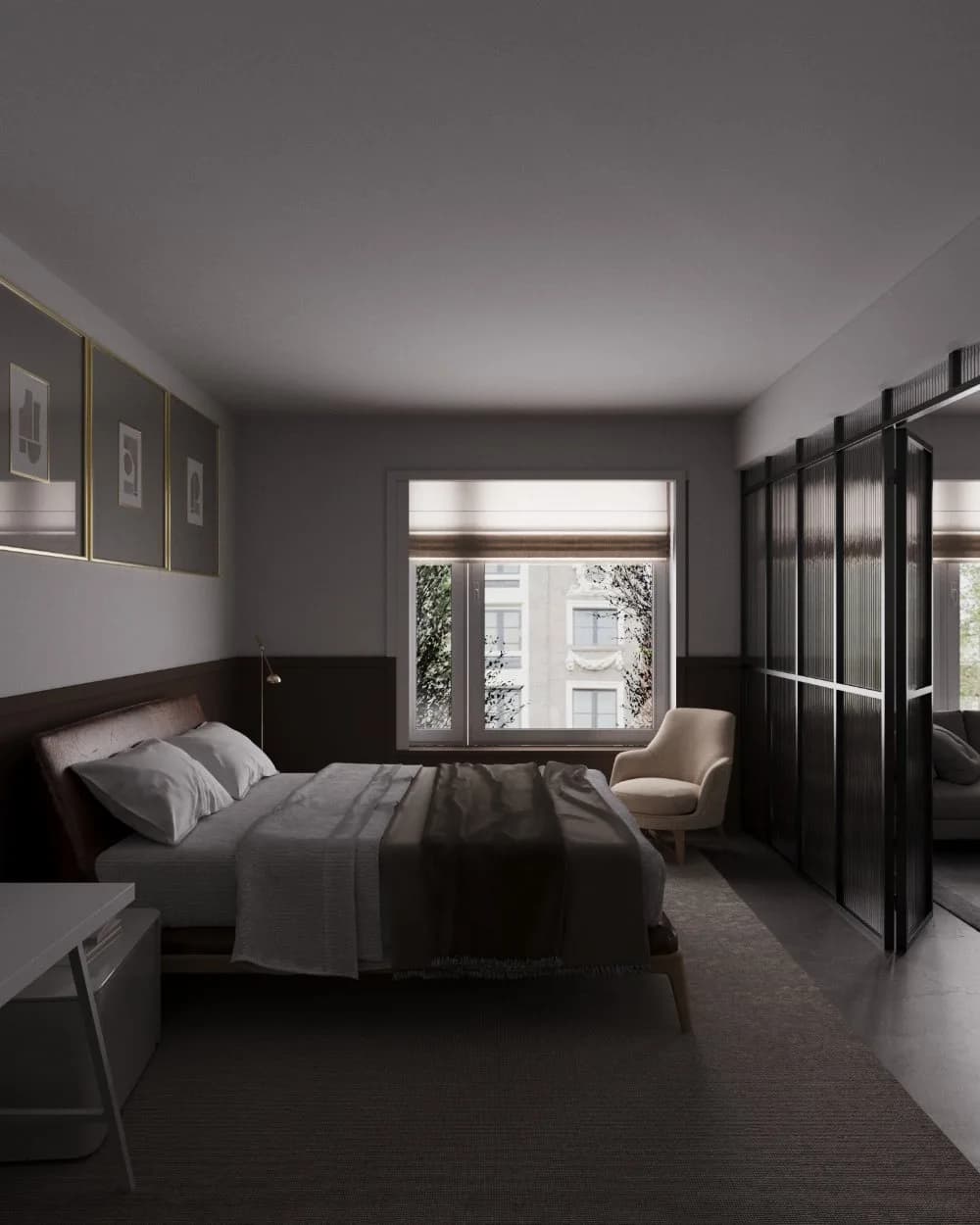 Render de quarto escuro com poltrona bege junto à janela e divisória de vidro canelado.