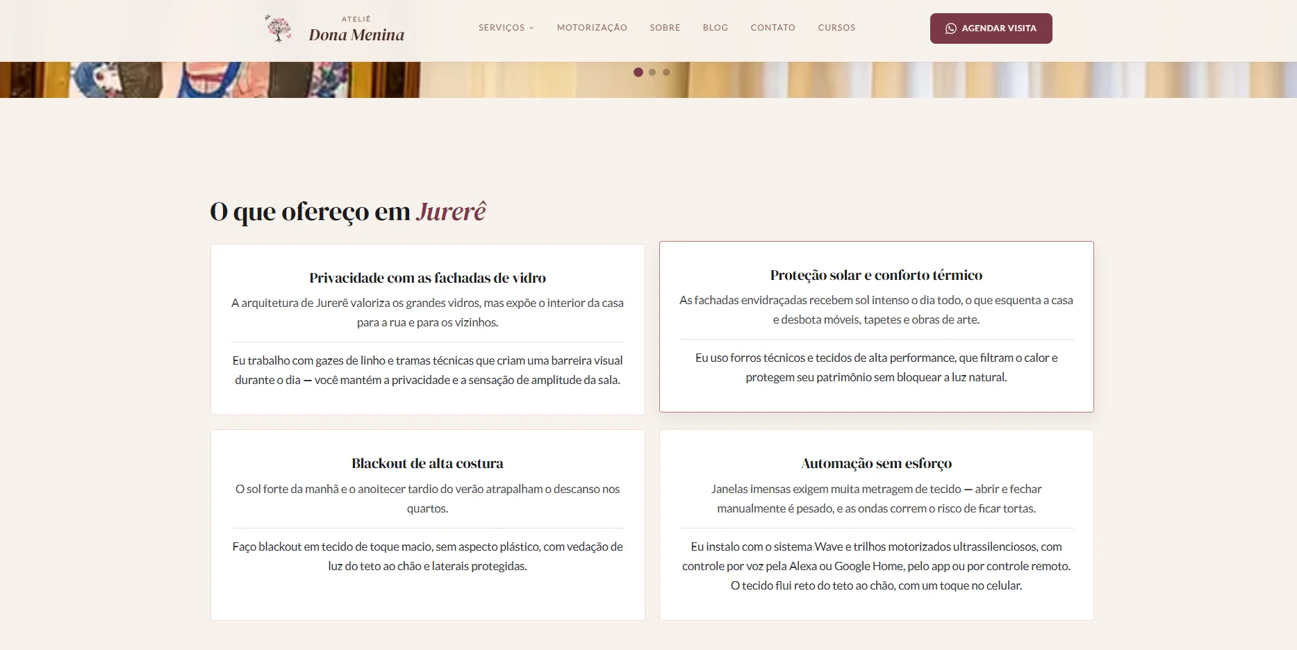Página de SEO local do Ateliê Dona Menina para Jurerê Internacional.
