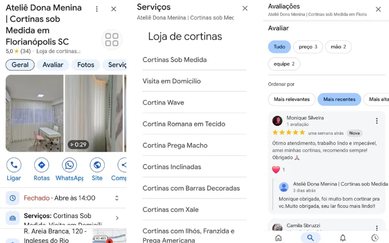 Perfil de empresa no Google completo, com fotos, serviços, horários e avaliações.