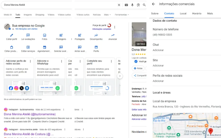 Perfil de empresa no Google sem fotos, sem serviços e com informações desatualizadas.