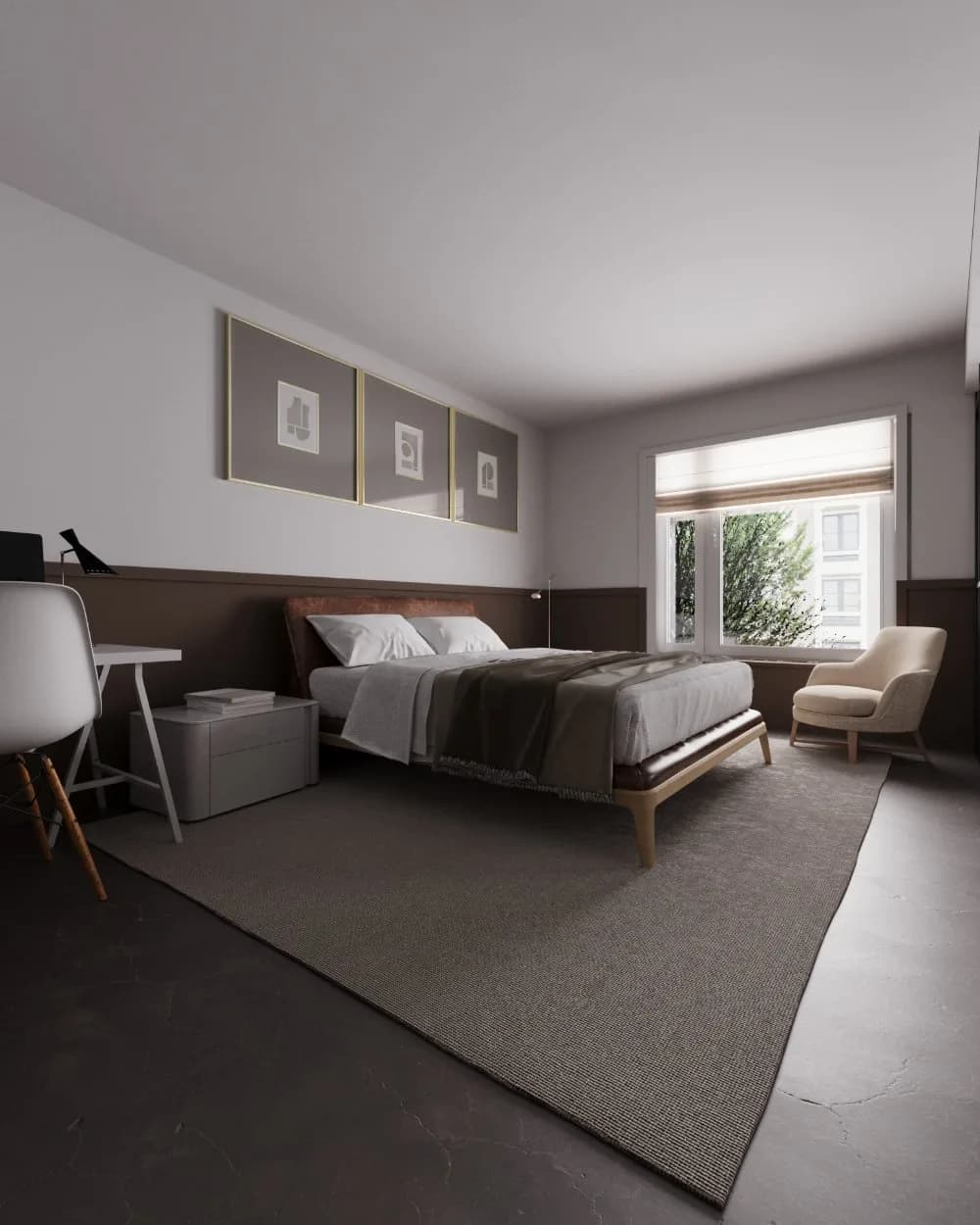 Render de quarto de casal com escrivaninha, tapete de fibra e poltrona clara ao lado da janela.