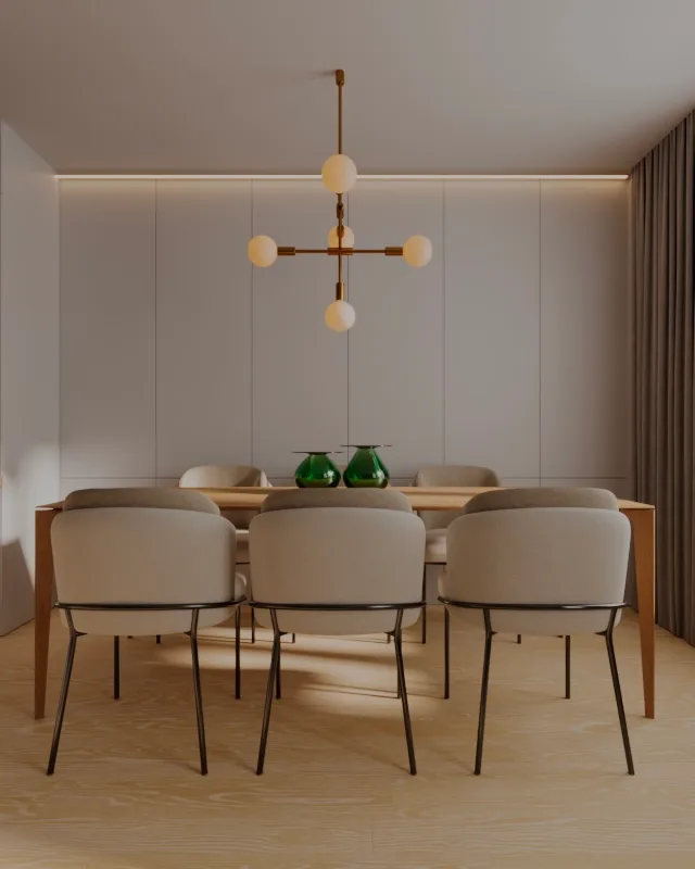 Render da sala de jantar visto de outro ângulo, com a marcenaria clara ao fundo.
