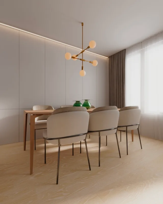 Render de sala de jantar com mesa de madeira, cadeiras bege e pendente dourado.