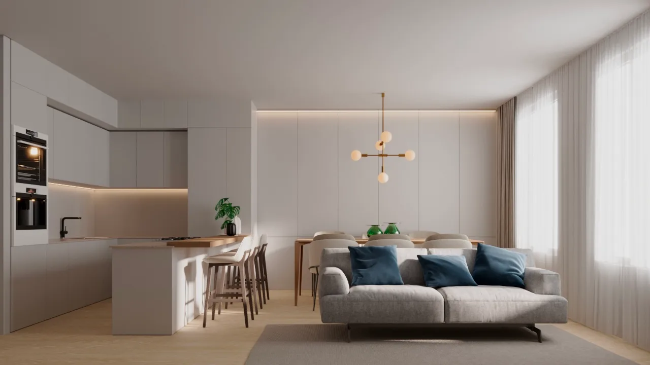 Render do estar integrado à cozinha e à sala de jantar, com sofá cinza e luz natural.