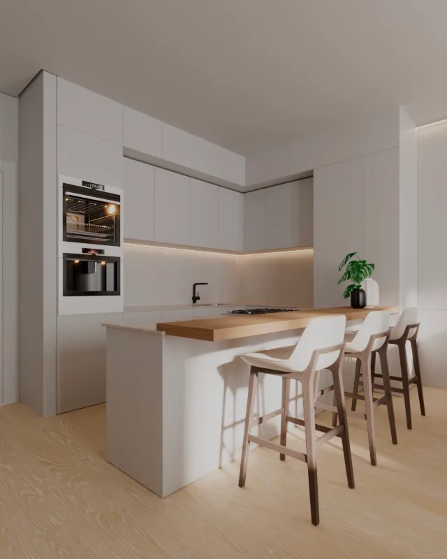 Render de cozinha clara com bancada de madeira, banquetas altas e forno embutido.
