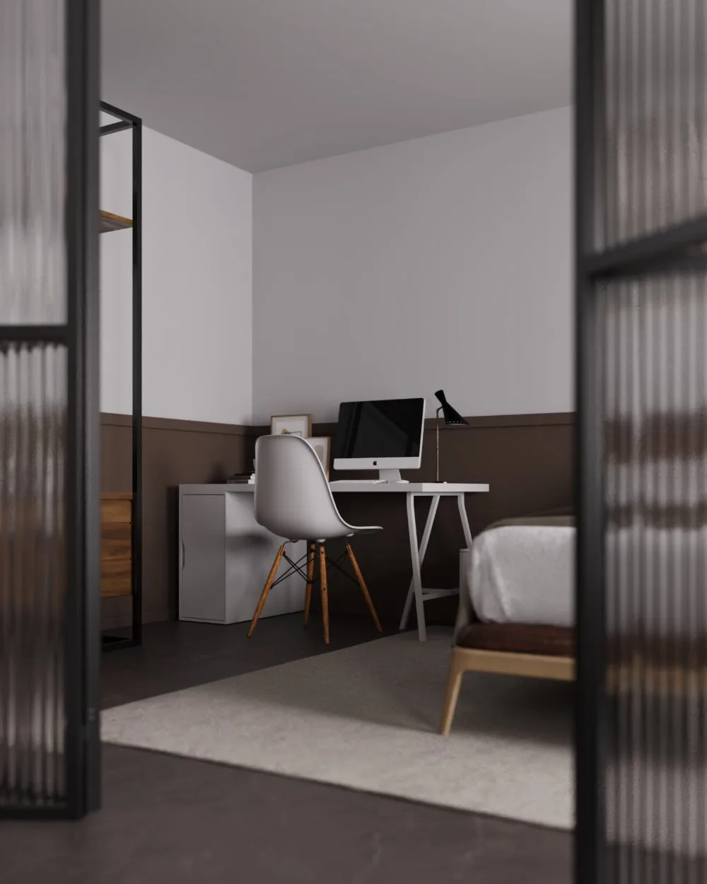 Render de studio compacto com área de trabalho integrada ao estar.